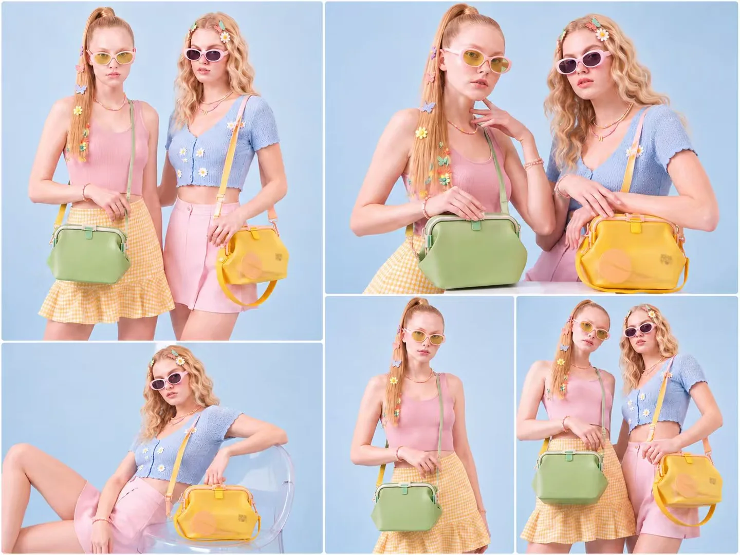 Fashion collage of models carrying green and yellow silicone bags against a pale blue background