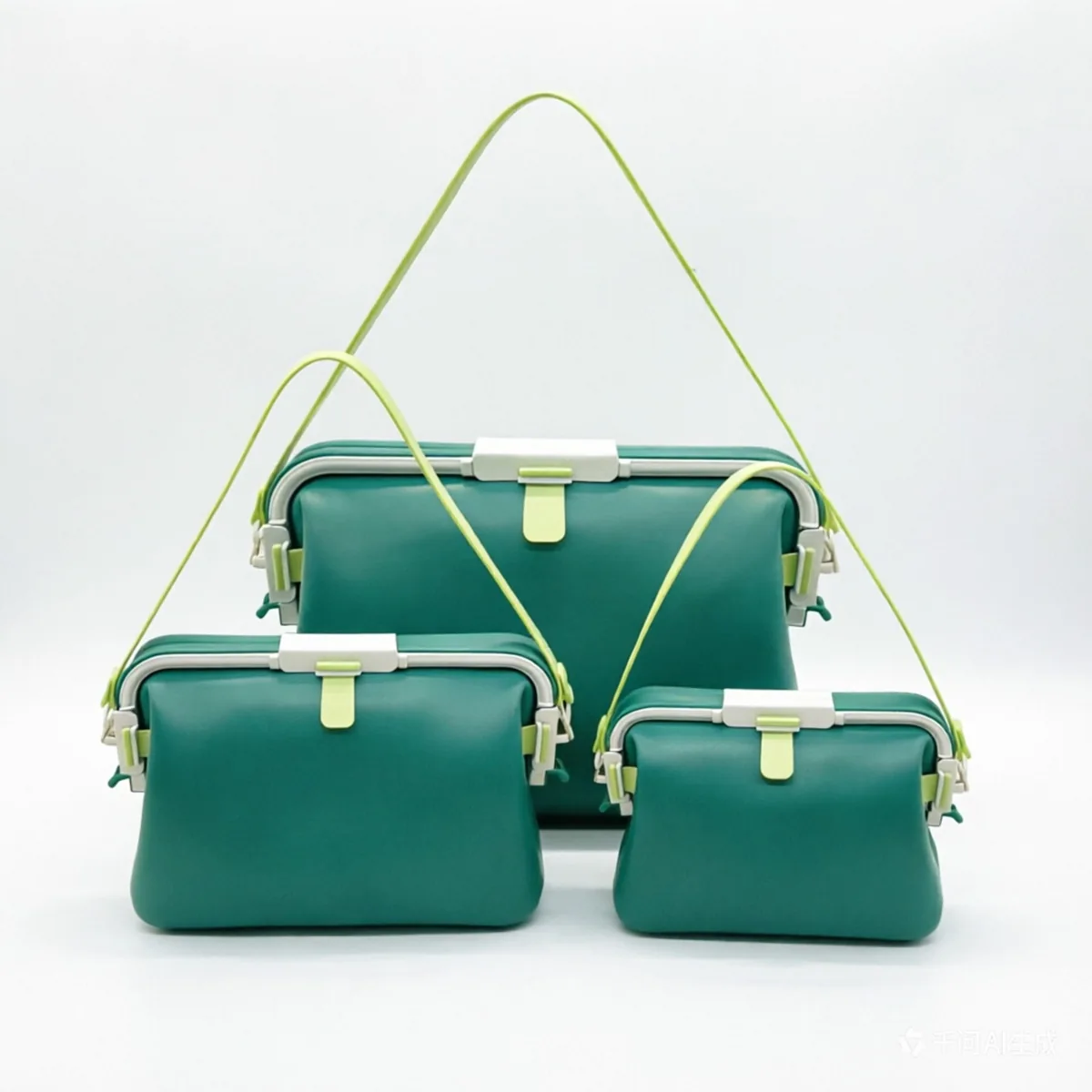 Green snap-frame silicone bags in three sizes with matching straps