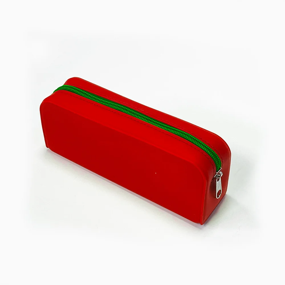 Red silicone pencil pouch with a green zipper